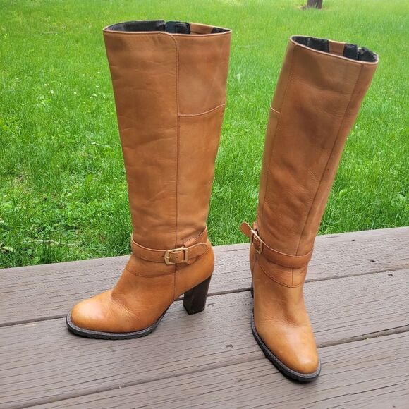 Vintage 70s Western Boho Camel Tan Leather Knee High Tall Equestrian Boots 6.5 - Picture 1 of 9